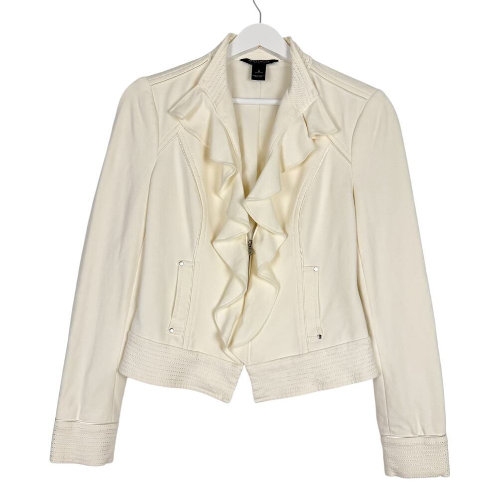 White House Black Market Ruffle Collar Embroidered Zip Moto Biker Jacket Sz‎ 0